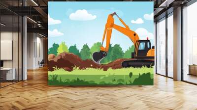 Excavator Digging a Trench in a Green Meadow with Blue Sky Wall mural