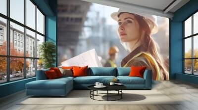 Female Construction Worker Holding Architectural Plans Wall mural