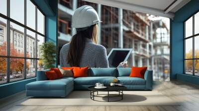 Female Construction Worker Using Tablet in Front of Building Under Construction Wall mural