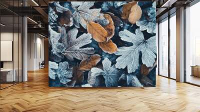 Frost-Covered Autumn Leaves in Close-Up Wall mural