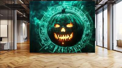 Glowing Jack-o'-lantern with a Creepy Skull Face Inside a Green Circle of Symbols on a Dark Background Wall mural