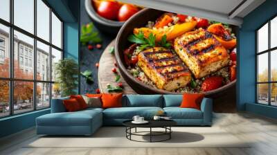 Grilled Halloumi, Quinoa, Peppers, and Tomatoes in a Wooden Bowl Wall mural