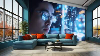 Man in Glasses Gazing at Futuristic Interface Display Wall mural