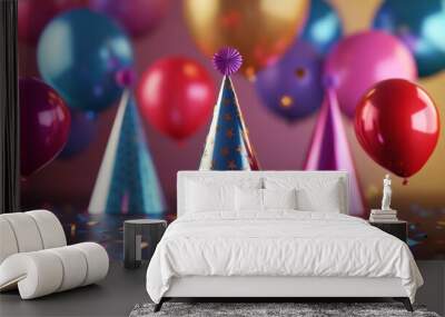 Party Hats and Balloons with Confetti on a Table Wall mural