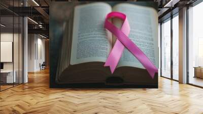 Pink Ribbon Bookmark in an Open Book Wall mural