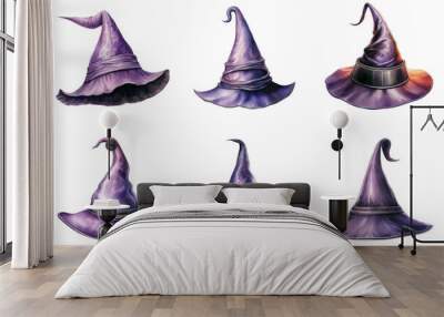 Six Purple Witch Hats with Different Details and Styles Wall mural