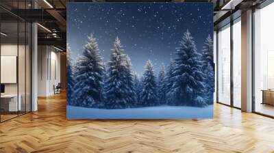 Snowy Evergreen Forest Under a Starry Night Sky Wall mural