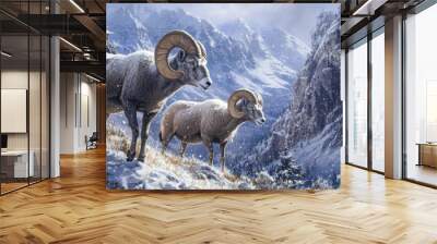 Two Bighorn Sheep Standing on a Snowy Mountainside Wall mural