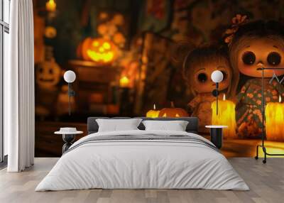 Two Spooky Dolls with Jack-o'-Lantern and Candles in a Dark Room Wall mural