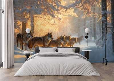 Wolf Pack in a Snowy Forest at Sunset Wall mural