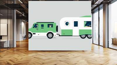 Traveling family by caravan car with gray background. Wall mural