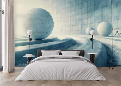 Minimalistic design featuring three spherical sculptures on curved stone bases in a serene, brightly lit setting with textured walls Wall mural