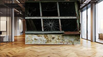 Chernobyl. Broken glass in a old window frame. Wall mural