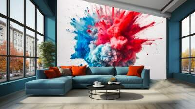 Freeze motion of colored powder explodes on white background. Abstract colorful explosion. Generative AI Wall mural