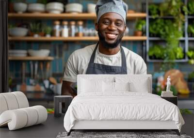 A confident African American chef in a professional kitchen setting proudly presenting a variety of vibrant plant based dishes showcasing his culinary expertise and commitment to healthy Wall mural