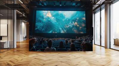 A large IMAX theater screen dominates the frame with rows of seats filled with an eager audience eagerly awaiting the start of the film projection Wall mural