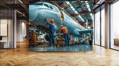 Aerospace manufacturing facility with workers assembling aircraft components and parts in an industrial hangar or workshop  Teamwork and engineering technology in the production process Wall mural