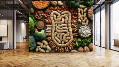 Balanced Gut Flora Surrounded by Nourishing Whole Foods for Optimal Digestive and Overall Wellness Wall mural