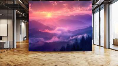 Breathtaking aerial view of a serene mountain landscape at a vibrant sunrise with misty valleys and dramatic colors in the sky  This stunning natural scenery evokes a sense of wonder and tranquility Wall mural