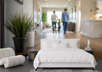 Bright and airy living room interior with wooden floors minimal decor and an inviting atmosphere during a real estate open house event where potential buyers can explore and inspect the property Wall mural