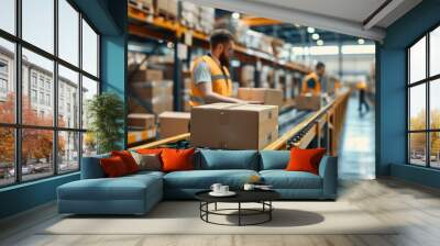 Busy interior of an e commerce fulfillment warehouse with employees packaging and shipping merchandise showcasing the logistics and behind online retail distribution Wall mural