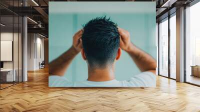 Close up portrait of a man styling his hair with gel to create a spiked look reflected in a mirror with a deep depth of field and minimalist background Wall mural