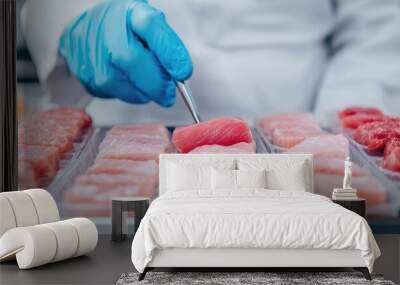 Close up view of a lab grown fish fillet being carefully inspected by a scientist in a lab setting showcasing the advancements in sustainable aquaculture and food technology Wall mural