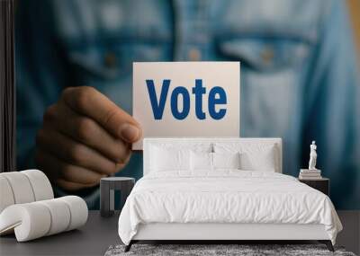 Closeup of a person s hand holding a voting card with the word  Vote  clearly visible symbolizing the importance of civic duty democratic participation Wall mural