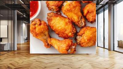 Closeup top view of crispy golden fried chicken wings with spicy dipping sauce on the side served on a white background  This savory and indulgent fast food dish is a popular appetizer Wall mural