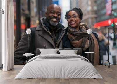 Couple s joyful shopping spree in a bustling city center arms linked and bags in hand radiant with excitement and delight Wall mural