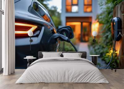 Electric car's charging port connected to charging station charging visible at home background, vehicle charging battery, environmental sustainability representation, eco green power concept Wall mural