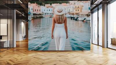 Fashionable woman in a wide leg jumpsuit and strappy sandals walking casually through a charming coastal town with a deep depth of field embodying a sophisticated summer look Wall mural