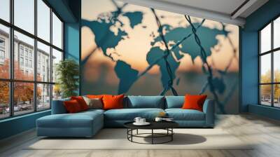 Fenced world map with barriers drawn between continents symbolizing the concept of trade fencing economic protectionism and global connectivity challenges  The image depicts a deep depth of field Wall mural