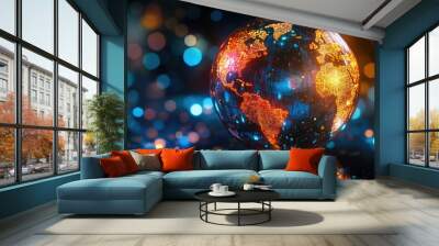 Glowing abstract 3D rendered globe covered in transparent privacy shields symbolizing worldwide data protection laws and regulations safeguarding personal information in the digital age Wall mural