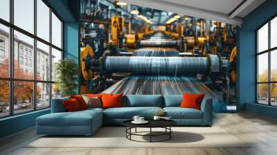 Interior view of a modern textile mill with rows of industrial looms and machinery weaving and producing fabric in an automated manufacturing process Wall mural