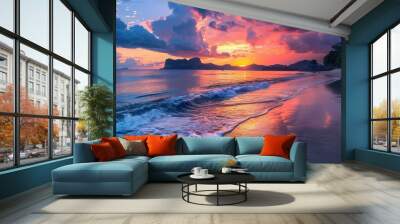 Serene Beach Scene at Dusk with Gentle Waves Vibrant Sunset Hues and Distant Silhouetted Islands in the Background   Picturesque Tropical Landscape Wall mural