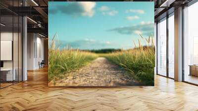 Serene countryside path leading through lush golden fields and meadows under a peaceful blue sky with fluffy white clouds  This idyllic Wall mural