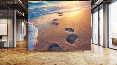 Summer escape,with pristine sandy beaches,gently lapping waves,and a breathtaking sunset backdrop The solitary footprints leading along the shore evoke Wall mural