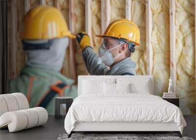 Two male construction workers wearing yellow hard hats and safety gear adding insulation panels to an interior building wall during a home renovation or commercial construction project Wall mural