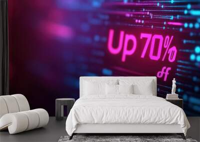 Vibrant neon cyber Monday banner with digital glitch effects and 70 off promotional text showcasing a futuristic technology driven design with a deep depth of field and abstract background Wall mural