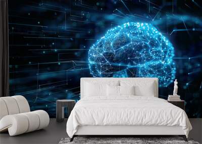 Futuristic 3D rendering of an active human brainwith blurry abstract blue network elements illuminated neural connections  tech-inspired design emphasizing technology and future concepts Wall mural