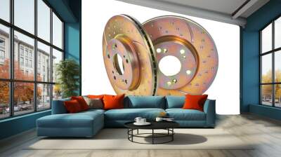 Two new car brake disks isolated on white background. Clipping path included. Wall mural