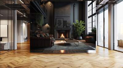 Dark Living room with fireplace  Wall mural