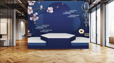 Blue Podium,minimal podium geometric and decoration color japanese tone.3D rendering Wall mural