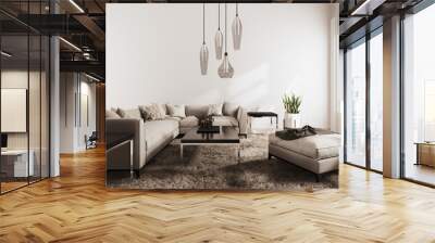 Living room modern style with white wall on wooden floor and sofa armchair on carpet.3D rendering Wall mural