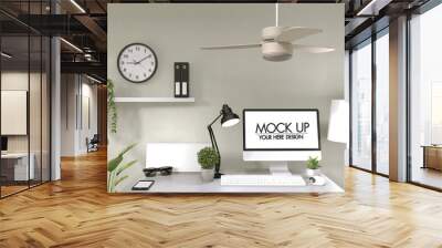 Mock up poster computer in office zen style and decoration on top table office.3D rendering Wall mural