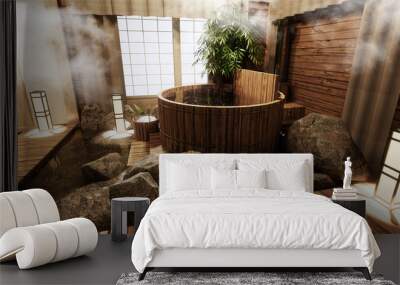 Onsen room interior with wooden bath and decoration wooden japanese style.3D rendering Wall mural