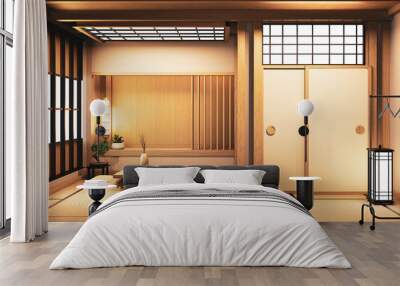 Ryokan living room japanese style on wall wooden decoraion.3D rendering Wall mural