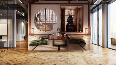 Sofa japanese on room tropical interior with tatami mat floor and white wall.3D rendering Wall mural