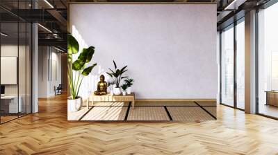 table Cabinet wooden design on living room zen style empty wall background.3D rendering Wall mural